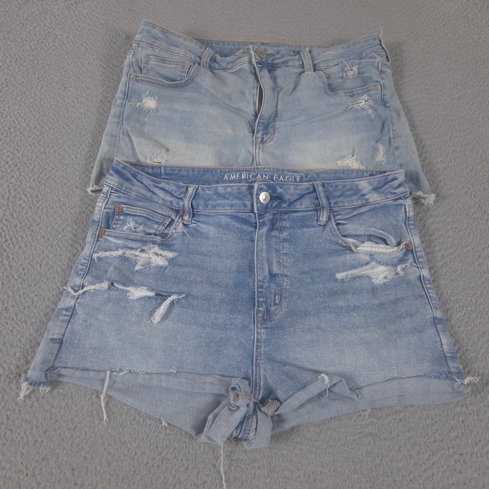 LOT OF 2 American Eagle Shorts Womens 14 Blue Hi-Rise Shortie Distressed Denim